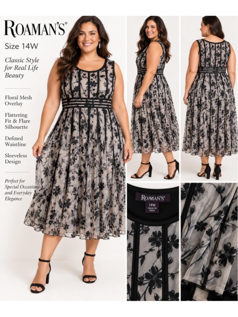 Roaman's Floral Mesh Midi Dress Size 14W Black and White Romantic